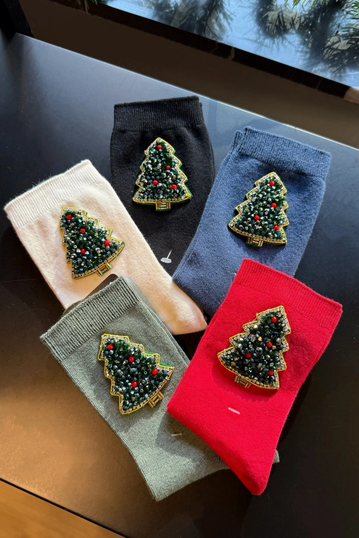 Yeşil Yılbaşı Ağacı İşlemeli Cotton Çorap