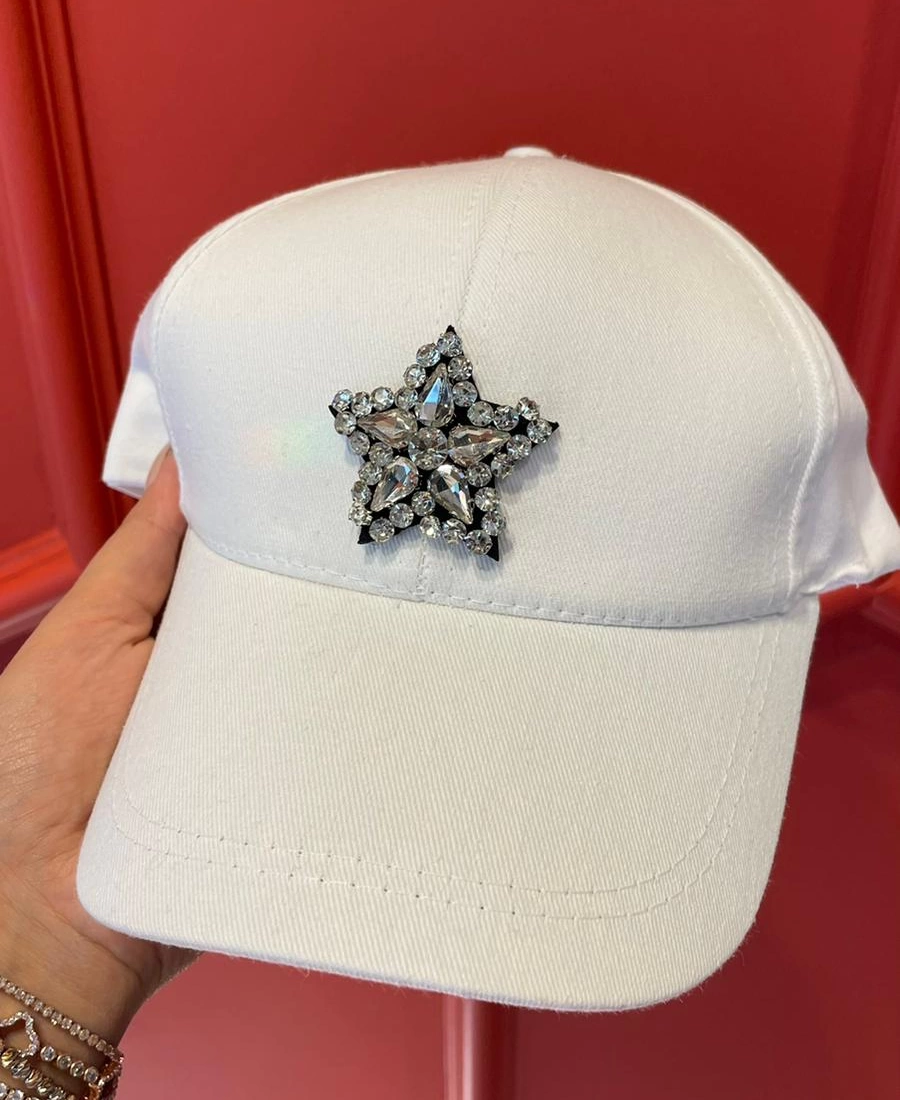 Edas Beyaz Renk Taşlı Yıldız İşlemeli Şapka