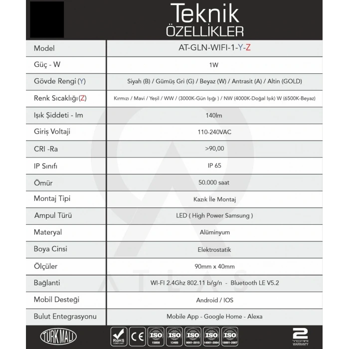 1W IP65 Smart WiFi & Bluetooth LED Bahçe Peyzaj Spotu | 110-220V AC | GLOX 1 SMART PRO