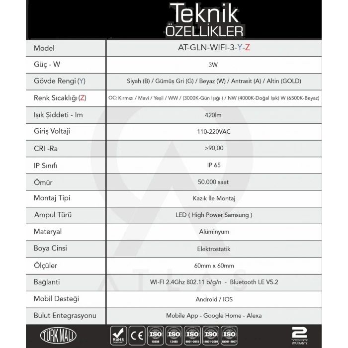 3W IP65 Smart WiFi & Bluetooth LED Bahçe Peyzaj Spotu | 110-220V AC | LM GLOX 3 SMART PRO