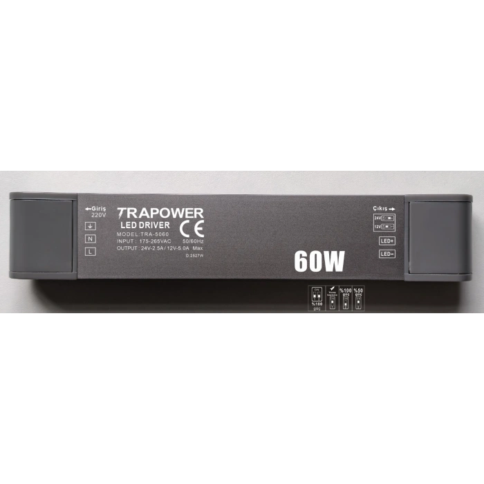 60 Watt TRA5060 Ultra Slim Çift Çıkış 12V-24V Sabit Voltaj LED Sürücü