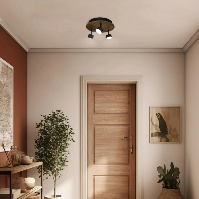 Orbis Midi LED Plafonyer | 9W 720LM 3 LED Spot Ahşap Yuvarlak Tasarım