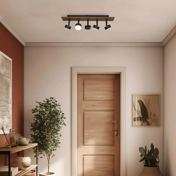 Linea Maxi LED Plafonyer | 15W 1200LM 5 Spot Ahşap Dikdörtgen Tasarım