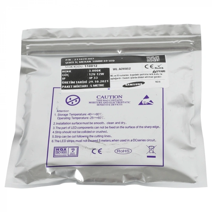 Premium Seri Samsung 2835 10mm PCB 35/35µm Şerit LED 12V 60 LED/m 3000K 5m Rulo