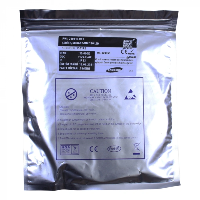 Premium Samsung 2835 5mm PCB 35/35µm 24V 120 LED/m İç Mekan IP65 Şerit LED