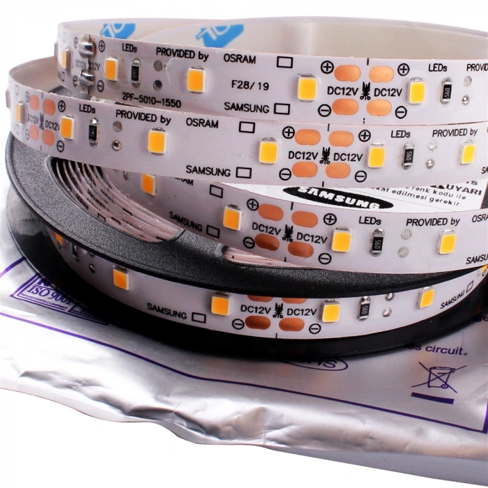 Samsung Çipli 2835 Şerit LED Premium Seri 12V 60 LED/M 3000K Gün Işığı IP65 Nano Hybrid 10mm 5 Metre Rulo