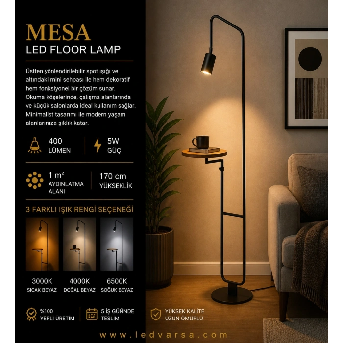 Mesa LED Floor Lamp | 5W 400LM Modern Spot Işık + Mini Sehpa