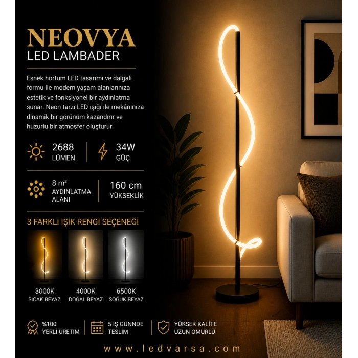 Neovya LED Lambader | 34W 2688LM Modern Dalgalı Neon Tasarım
