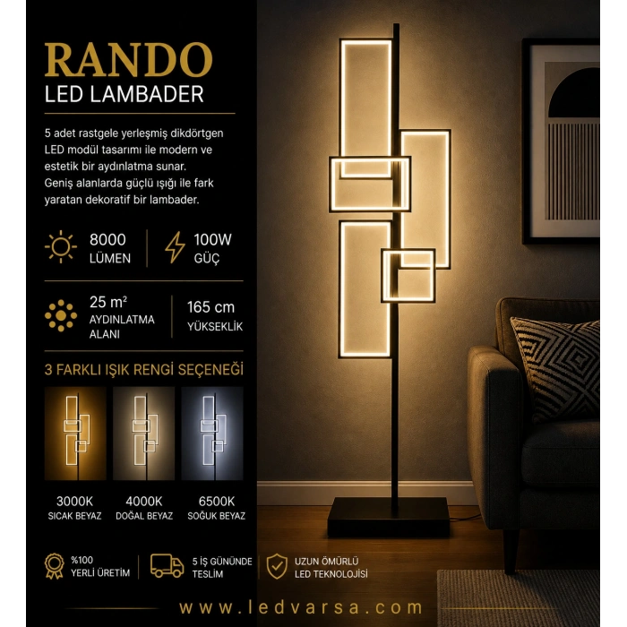Rando LED Lambader | 100W 8000LM Modern 5 Rastgele Dikdörtgen Tasarım