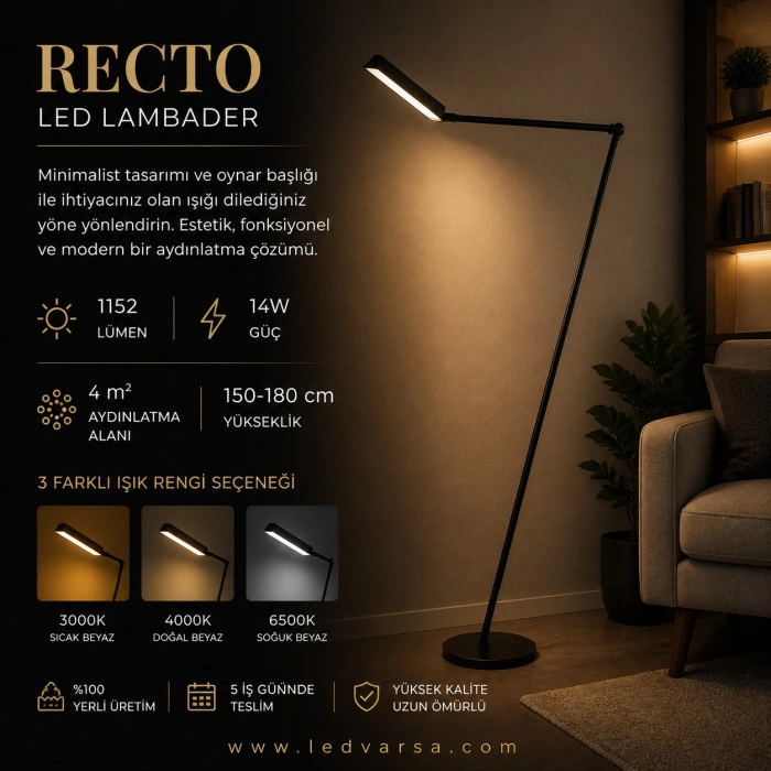Recto LED Lambader | 14W 1152LM Dikdörtgen Taban ve Oynar Başlık