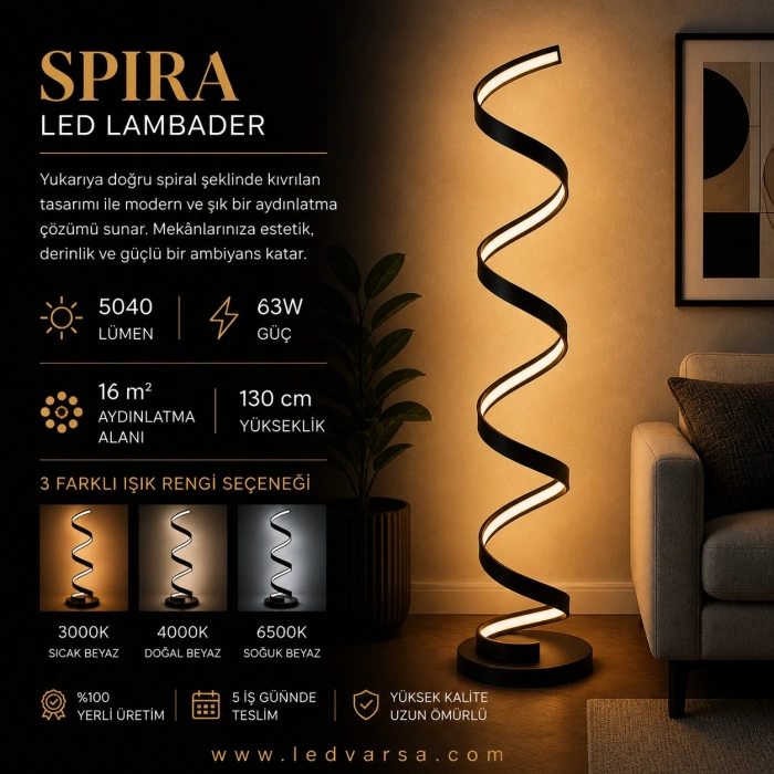 Spira LED Lambader | 63W 5040LM Modern Yukarı Kıvrılan Tasarım