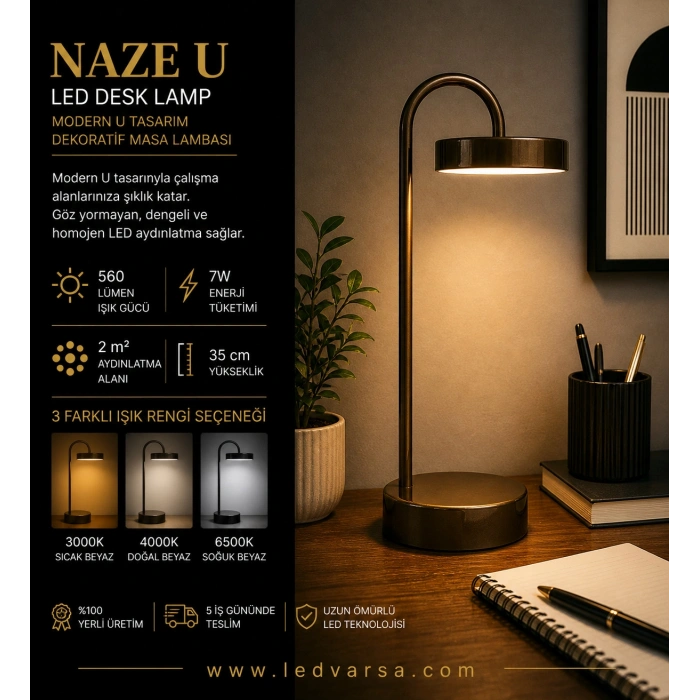 NAZE U LED Desk Lamp | 7W 560LM Modern U Tasarım Dekoratif Masa Lambası