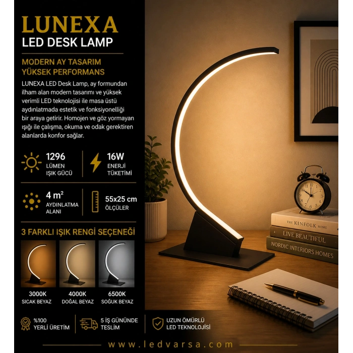 LUNEXA LED Desk Lamp | 16W 1296LM Modern Ay Tasarım Masa Lambası