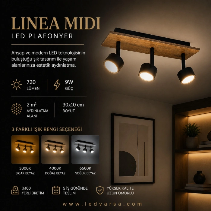 Linea Midi LED Plafonyer | 9W 720LM 3 Spot Ahşap Dikdörtgen Tasarım