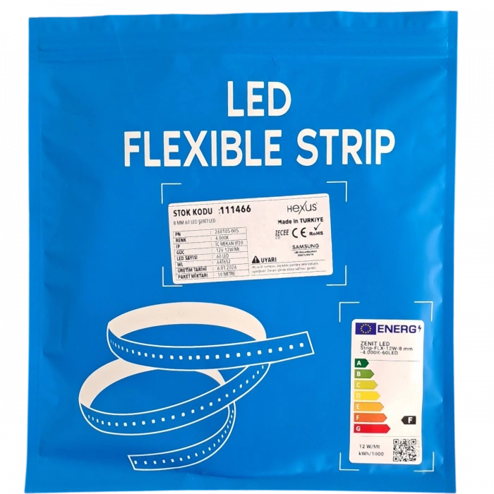 Eko Seri Samsung 2835 12V 60 LED/m Ekonomik PCB İç Mekan IP20 Şerit LED 10m Rulo