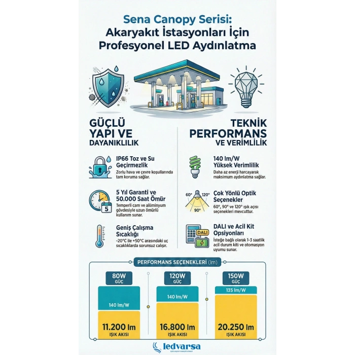 AVERA SENA PRO+ OSRAM Canopy LED 80-150W | IP66 Endüstriyel Kanopi Aydınlatma
