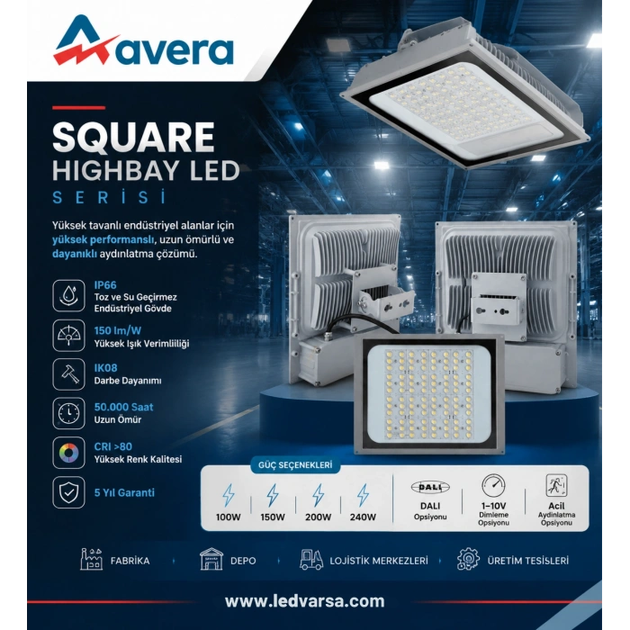 Fora Square Highbay LED Armatür 150 lm/W IP66Endüstriyel LED Aydınlatma Serisi