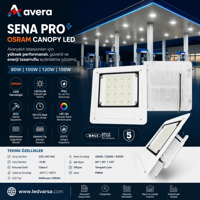 AVERA SENA PRO+ OSRAM Canopy LED 80-150W | IP66 Endüstriyel Kanopi Aydınlatma