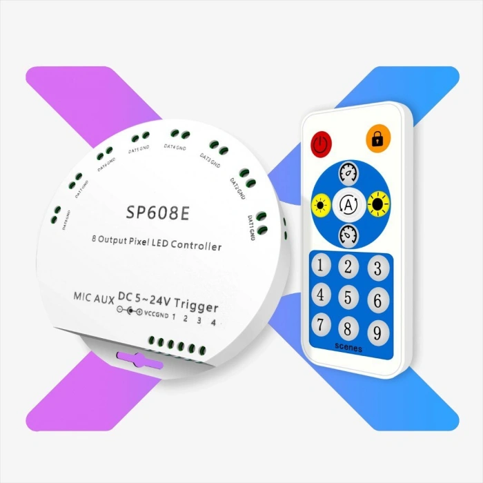 SP608E Bluetooth + RF Kumandalı Pixel LED Kontrol Cihazı 5-24V DC | 4800 Pixel | 8 Bağımsız SPI Çıkışı | Müzik Senkronizasyonu