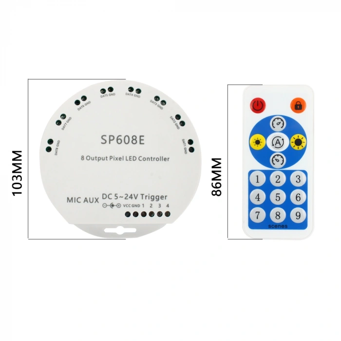 SP608E Bluetooth + RF Kumandalı Pixel LED Kontrol Cihazı 5-24V DC | 4800 Pixel | 8 Bağımsız SPI Çıkışı | Müzik Senkronizasyonu