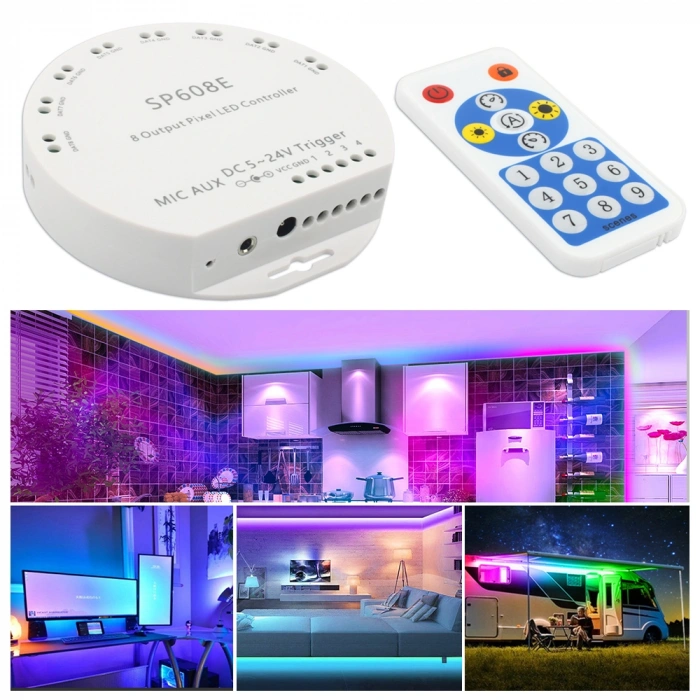 SP608E Bluetooth + RF Kumandalı Pixel LED Kontrol Cihazı 5-24V DC | 4800 Pixel | 8 Bağımsız SPI Çıkışı | Müzik Senkronizasyonu