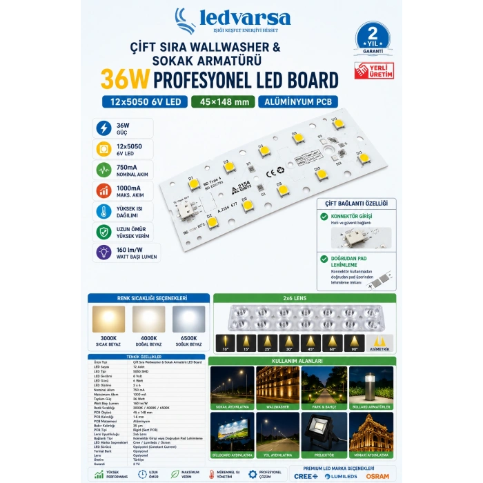 Çift Sıra Wallwasher & Sokak Armatürü 36W Profesyonel LED Board | 12×5050 6V LED | 45×148 mm Alüminyum PCB