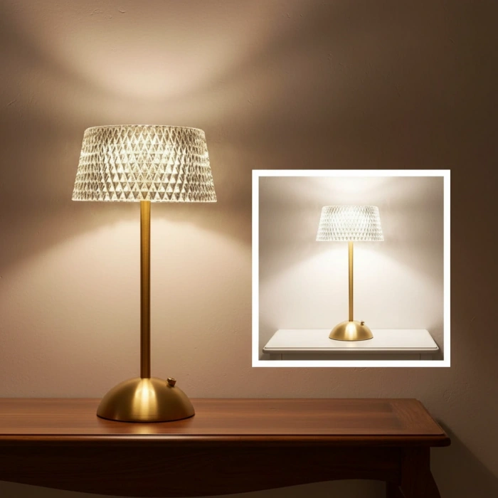 Dekoratif Kristal Şarjlı Gold Led Abajur, Yılbaşı Masa Lambası, Dokunmatik 3 Renk Modu