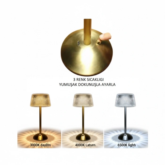 Dekoratif Kristal Şarjlı Gold Led Abajur, Yılbaşı Masa Lambası, Dokunmatik 3 Renk Modu