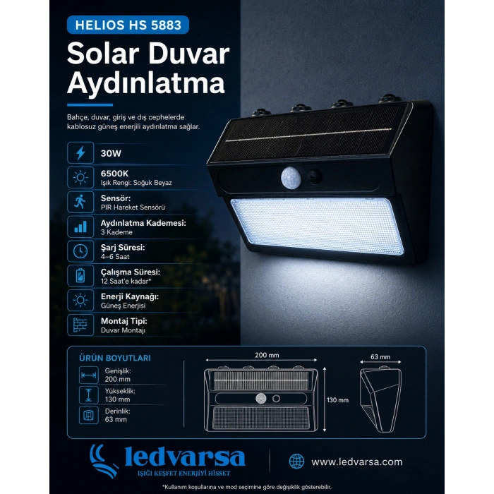 HELIOS HS 5883 30W Solar Duvar Aydınlatma | Sensörlü | 6500K