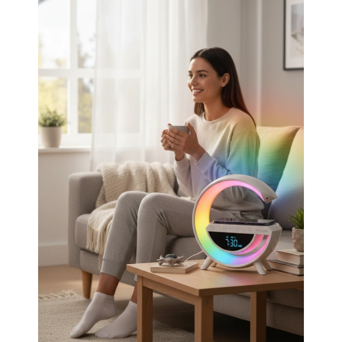 Çok Fonksiyonlu Akıllı Masa Lambası: Gökkuşağı RGB, Bluetooth Hoparlör, Kablosuz Şarj ve Saat