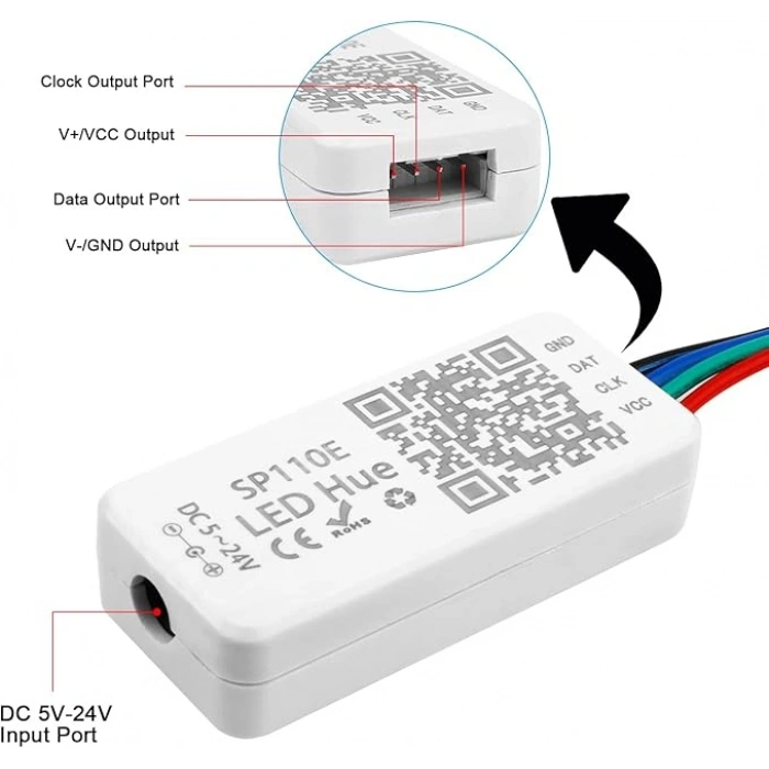 SP110E Bluetooth Pixel LED Kontrol Cihazı 5-24V DC | 1024 Pixel | RGB / RGBW | SPI Pixel LED Controller