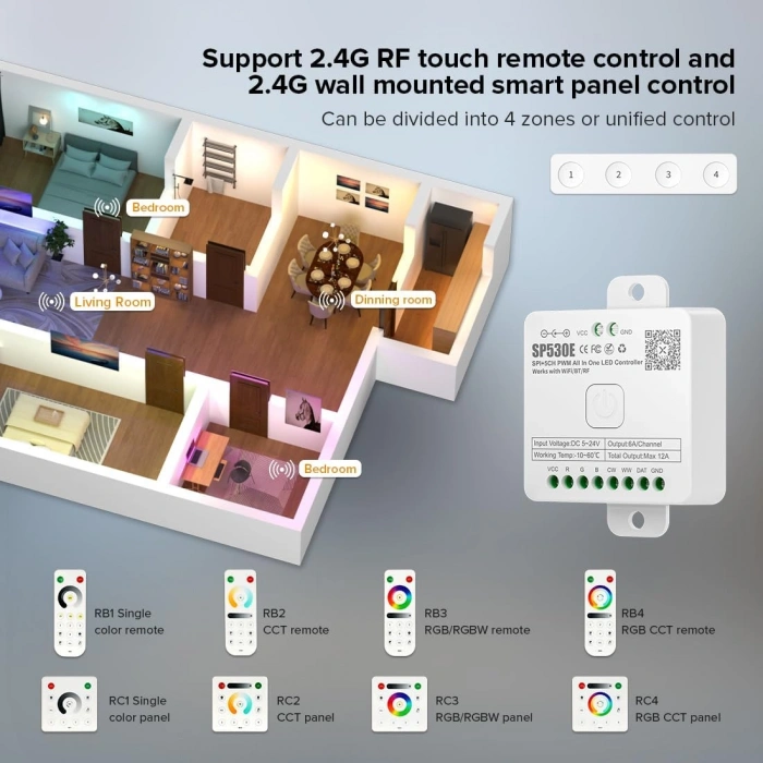 SP530E WiFi + Bluetooth Akıllı LED Kontrol Cihazı SPI & PWM | RGB / RGBW / RGB+CCT / CCT | 5-24V DC | Tuya Smart Destekli