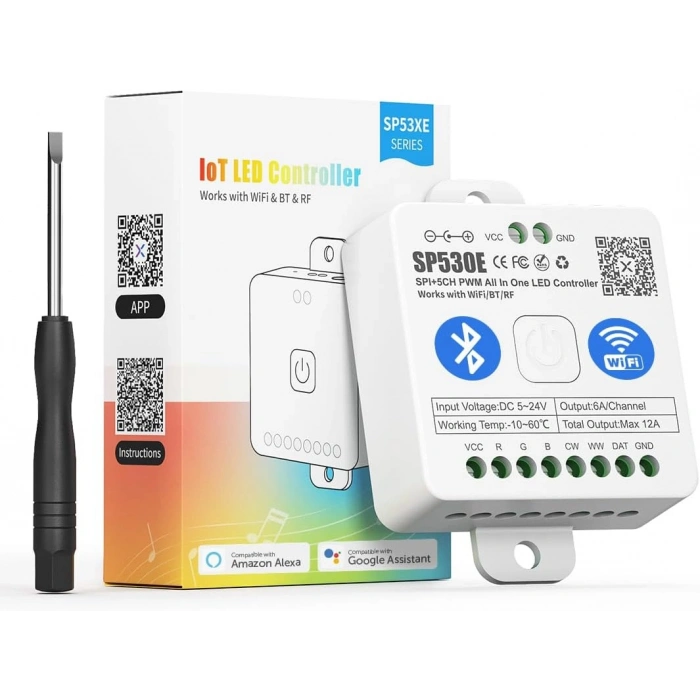 SP530E WiFi + Bluetooth Akıllı LED Kontrol Cihazı SPI & PWM | RGB / RGBW / RGB+CCT / CCT | 5-24V DC | Tuya Smart Destekli