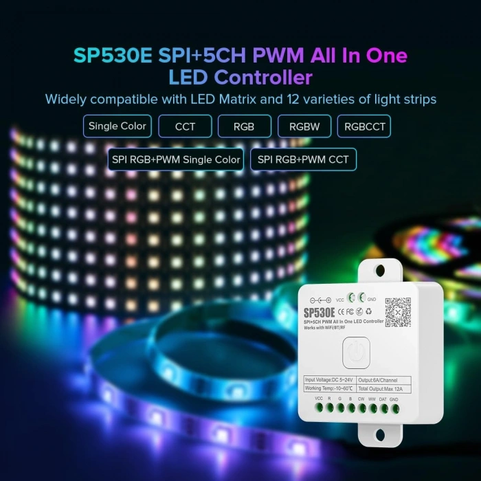 SP530E WiFi + Bluetooth Akıllı LED Kontrol Cihazı SPI & PWM | RGB / RGBW / RGB+CCT / CCT | 5-24V DC | Tuya Smart Destekli