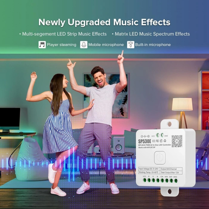 SP530E WiFi + Bluetooth Akıllı LED Kontrol Cihazı SPI & PWM | RGB / RGBW / RGB+CCT / CCT | 5-24V DC | Tuya Smart Destekli