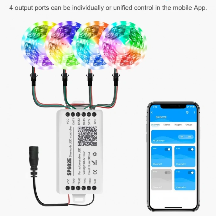 SP602E Bluetooth Pixel LED Kontrol Cihazı 5-24V DC | 2048 Pixel | Mobil Uygulama | Müzik Senkronizasyonu