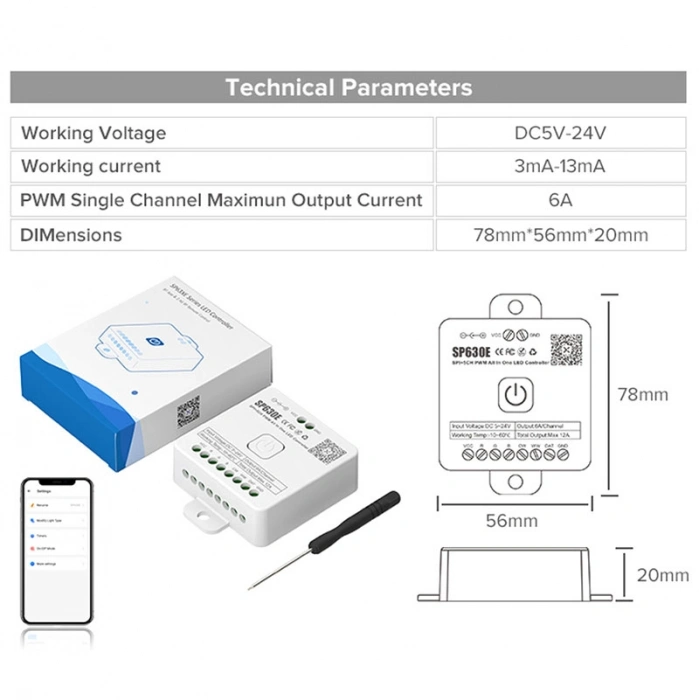 SP630E Bluetooth SPI & PWM Akıllı LED Kontrol Cihazı 5-24V DC | SPI + 5CH PWM | RGB / RGBW / RGBCCT / CCT | Müzik Senkronizasyonu