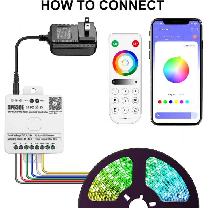 SP630E Bluetooth SPI & PWM Akıllı LED Kontrol Cihazı 5-24V DC | SPI + 5CH PWM | RGB / RGBW / RGBCCT / CCT | Müzik Senkronizasyonu