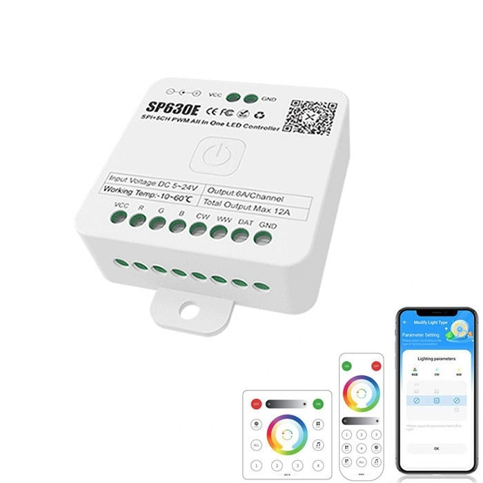 SP630E Bluetooth SPI & PWM Akıllı LED Kontrol Cihazı 5-24V DC | SPI + 5CH PWM | RGB / RGBW / RGBCCT / CCT | Müzik Senkronizasyonu