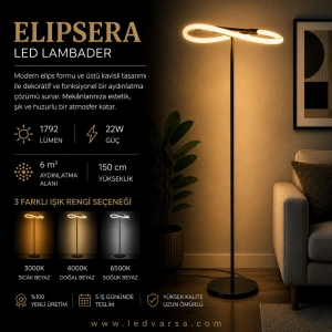 Elipsera LED Lambader | 22W 1792LM Modern Elips Tasarım, Üstü Kavisli