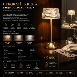 Dekoratif Kristal Şarjlı Gold Led Abajur, Yılbaşı Masa Lambası, Dokunmatik 3 Renk Modu