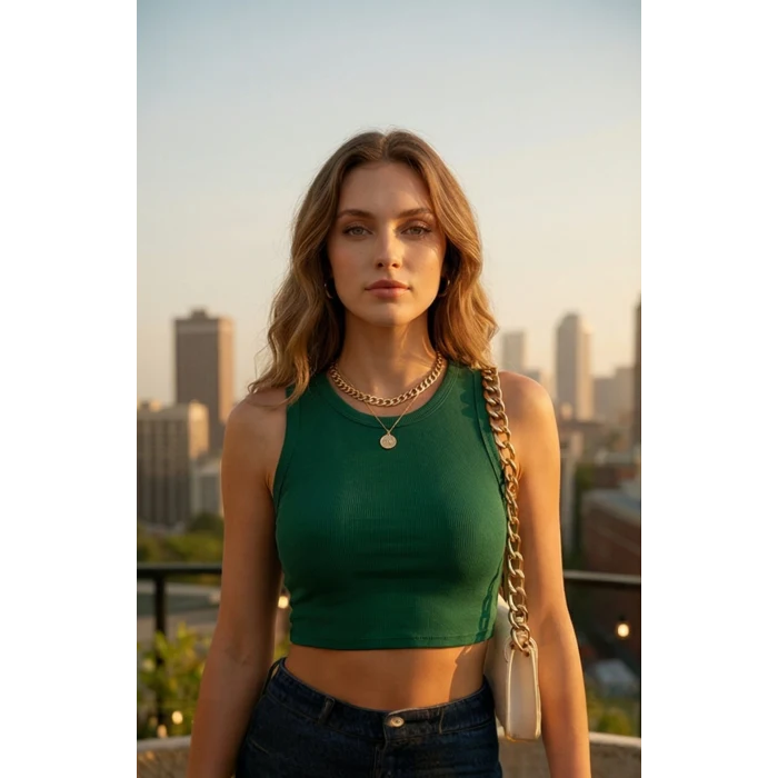 Kadın Yeşil Kare Yaka Crop Top Bluz – Şık, Rahat ve Kolay Kombinlenebilir