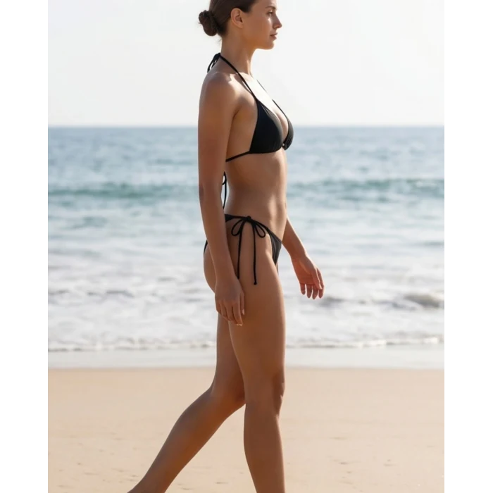 Kadın Siyah Beyaz Pareolu Yandan ve Boyundan Bağlamalı 3lü Bikini Takımı – Modern, Konforlu ve Günlük Kombinlere Uygun