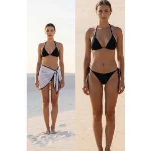 Kadın Siyah Beyaz Pareolu Yandan ve Boyundan Bağlamalı 3lü Bikini Takımı – Modern, Konforlu ve Günlük Kombinlere Uygun