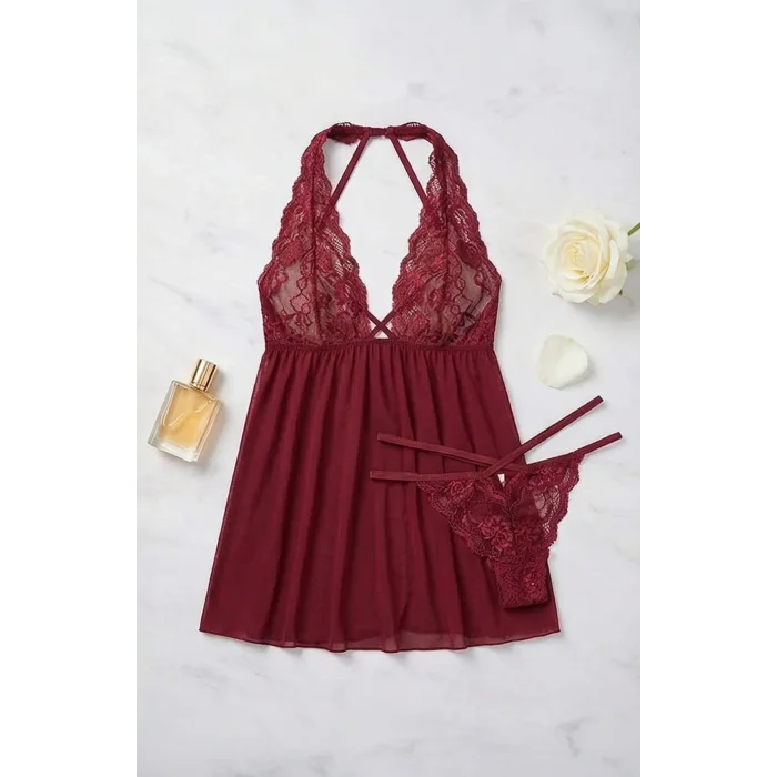 Kadın Şık Bordo Dantel Gecelik – Modern ve Şık Tasarım