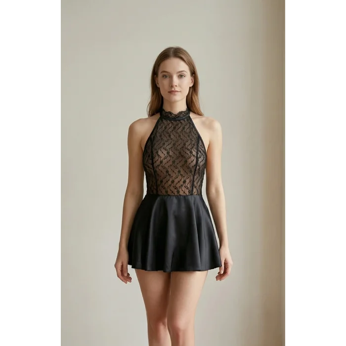 Kadın Siyah Saten Dantelli Dekolteli Gecelik – Modern ve Şık Tasarım