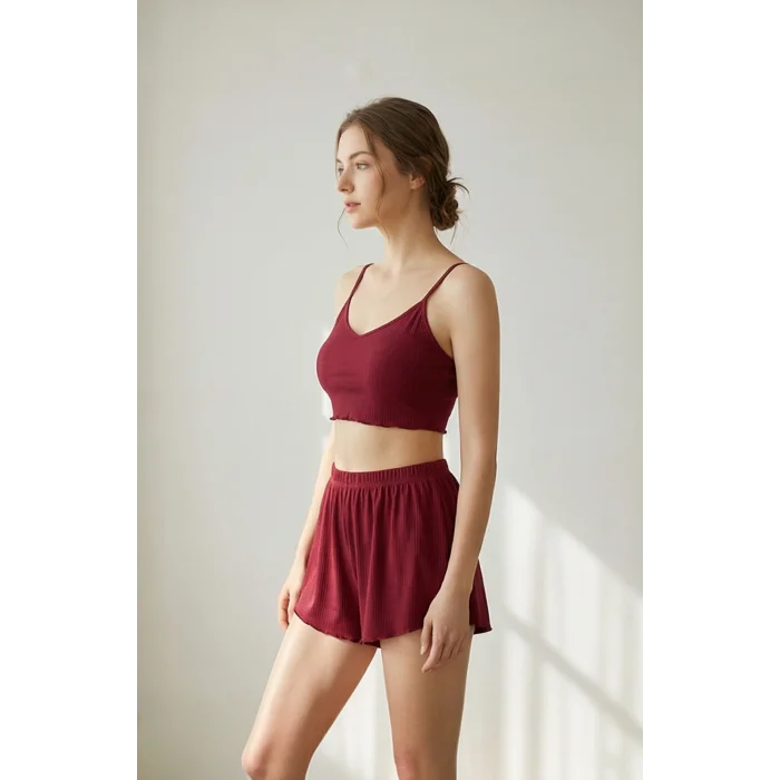 Kadın Bordo Şortlu Kaşkorse Gecelik Takım