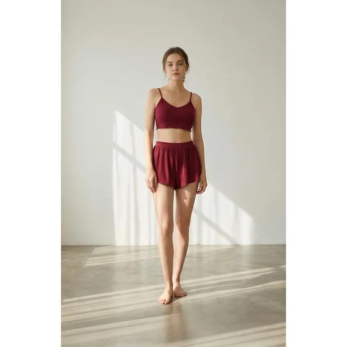 Kadın Bordo Şortlu Kaşkorse Gecelik Takım