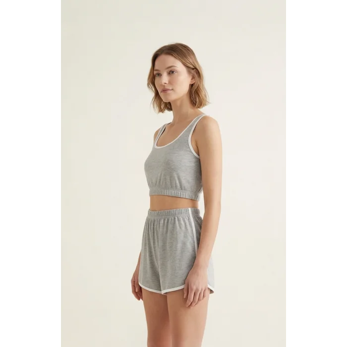 Kadın Gri Askılı Crop Top ve Şortlu Gecelik Takım