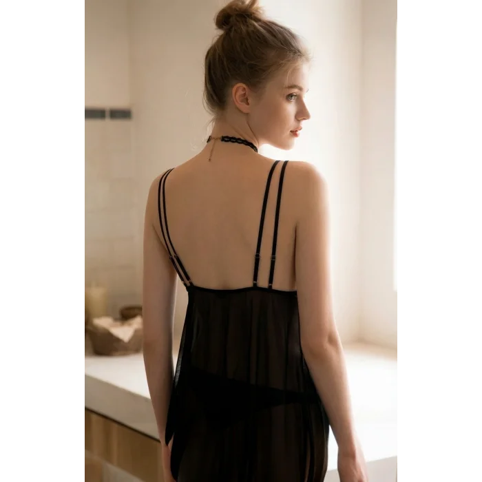 Kadın Siyah Transparan Dantelli Çift Sıra Askılı Şık Gecelik